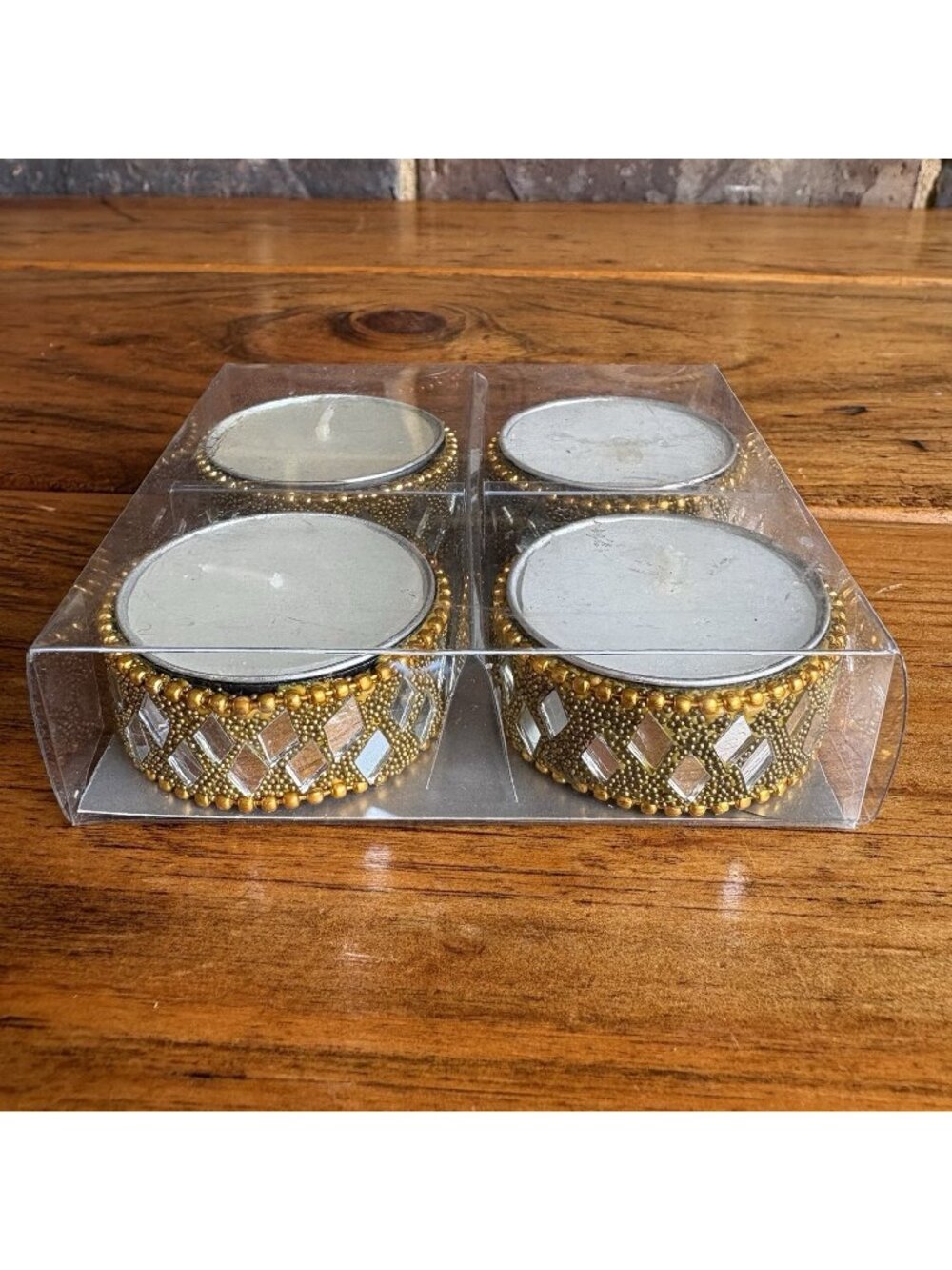 Pier 1 Tea Light Candles & Holders Silver Beaded Mirror Cut Diamond Shape Design
